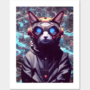 Cool Japanese Techno Cat In Future World Japan Neon City Posters and Art